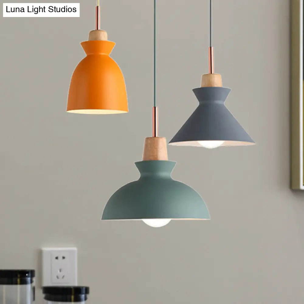 Modern 3-Light Metal Pendant With Multi-Color Cones And Domes Hanging From Linear/Round Canopy -