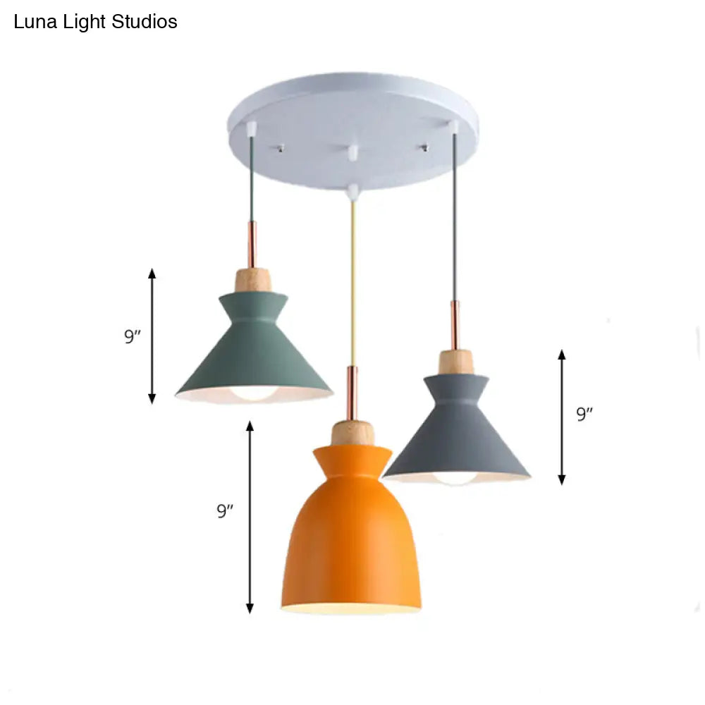 Modern 3-Light Metal Pendant With Multi-Color Cones And Domes Hanging From Linear/Round Canopy -