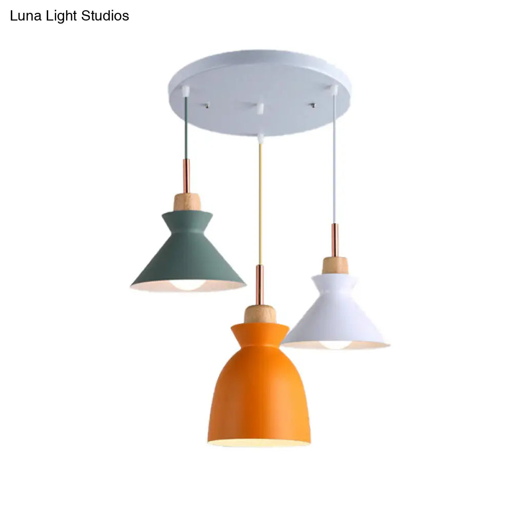 Modern 3-Light Metal Pendant With Multi-Color Cones And Domes Hanging From Linear/Round Canopy -