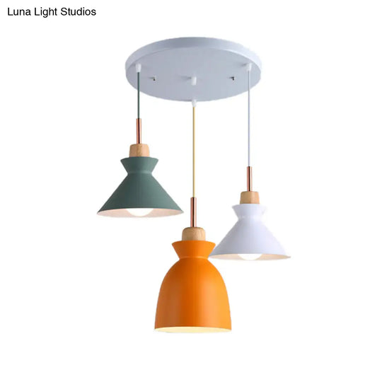 Modern 3-Light Metal Pendant With Multi-Color Cones And Domes Hanging From Linear/Round Canopy -