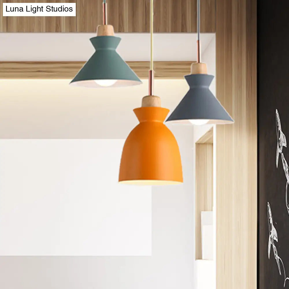 Modern 3-Light Metal Pendant With Multi-Color Cones And Domes Hanging From Linear/Round Canopy -