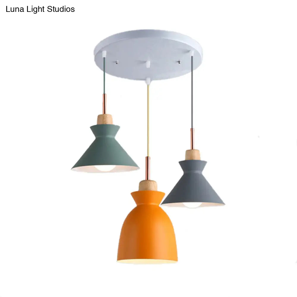 Modern Multi-Color Cone And Dome Pendant Light With 3 Metal Lights - Linear/Round Canopy