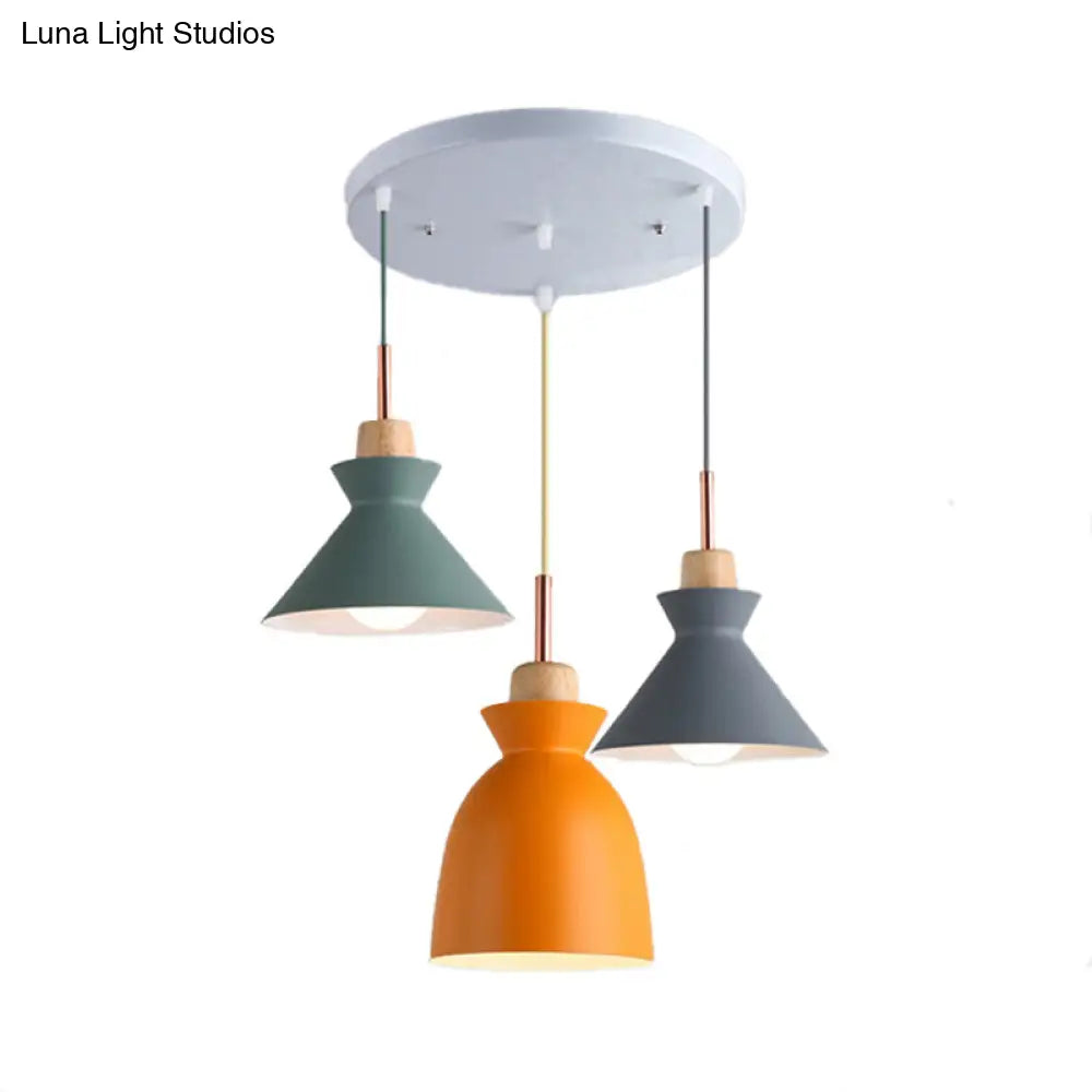 Modern 3-Light Metal Pendant With Multi-Color Cones And Domes Hanging From Linear/Round Canopy -