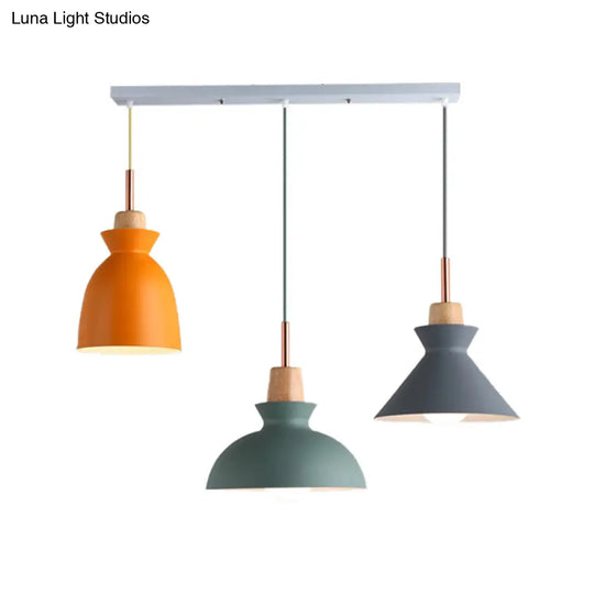 Modern 3-Light Metal Pendant With Multi-Color Cones And Domes Hanging From Linear/Round Canopy -