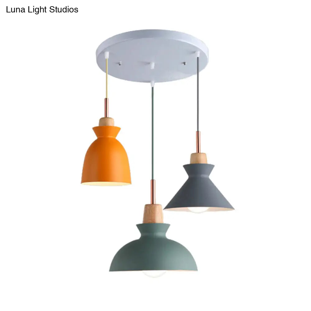 Modern 3-Light Metal Pendant With Multi-Color Cones And Domes Hanging From Linear/Round Canopy -