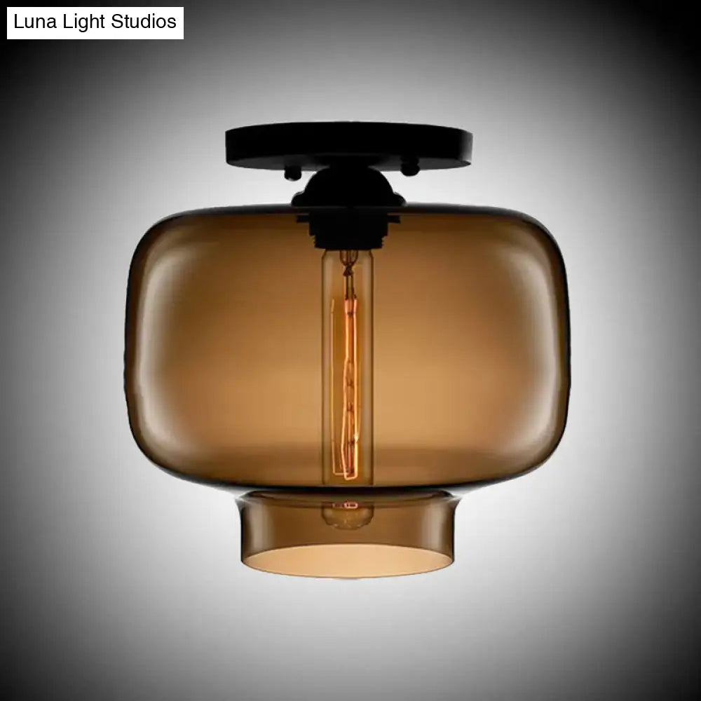 Modern Multi - Colored Lantern Flushmount Light With Glass Shade - Black Finish