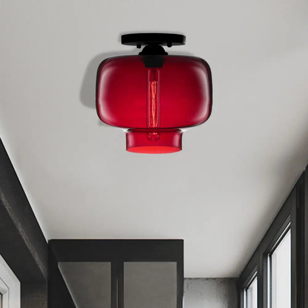 Modern Multi - Colored Lantern Flushmount Light With Glass Shade - Black Finish Red