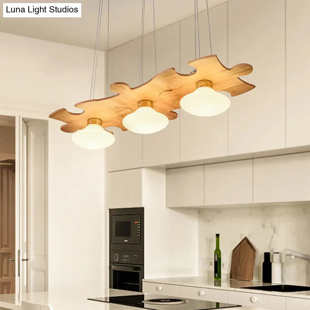 Modern Multi-Light Pendant Lamp With Glass Jellyfish Design And Wood Beam