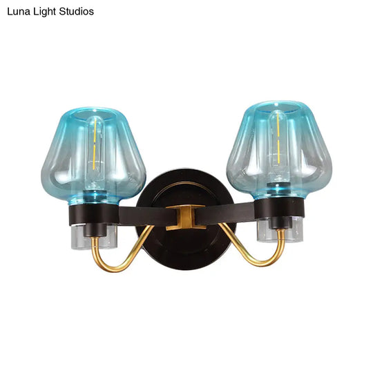 Modern Mushroom Blue Glass Wall Mounted Bedroom Sconce Light With 2 Bulbs In Black