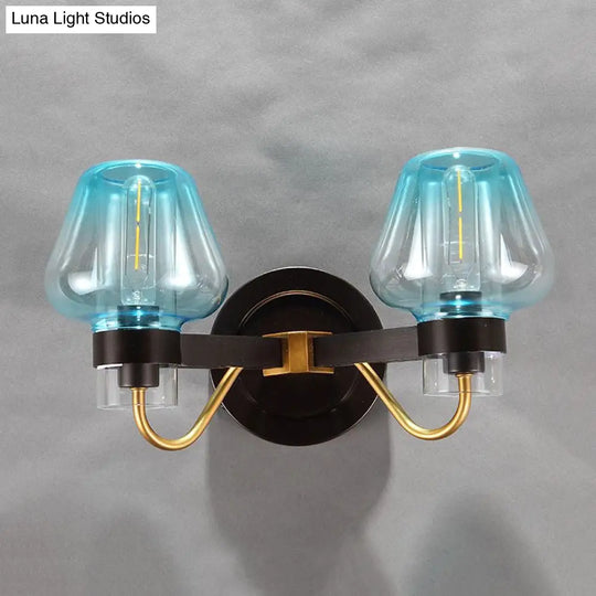 Modern Mushroom Blue Glass Wall Mounted Bedroom Sconce Light With 2 Bulbs In Black