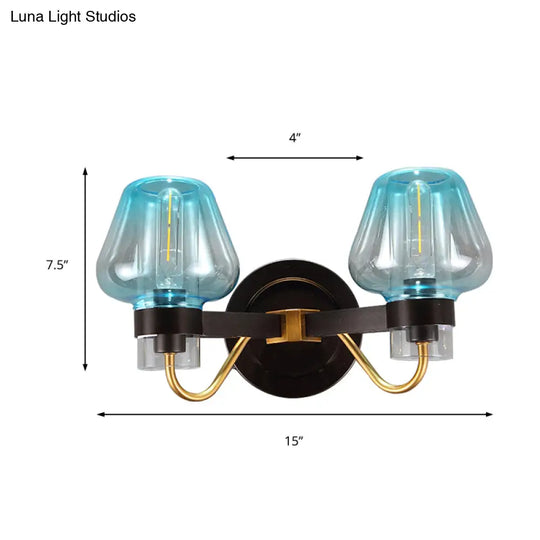 Modern Mushroom Blue Glass Wall Mounted Bedroom Sconce Light With 2 Bulbs In Black