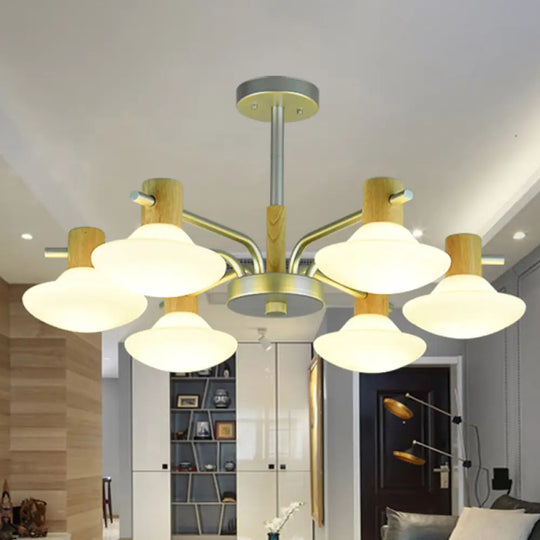 Modern Mushroom Semi Flush Ceiling Lamp With Opal Frosted Glass Wood Finish - 5/6 Head For Bedroom