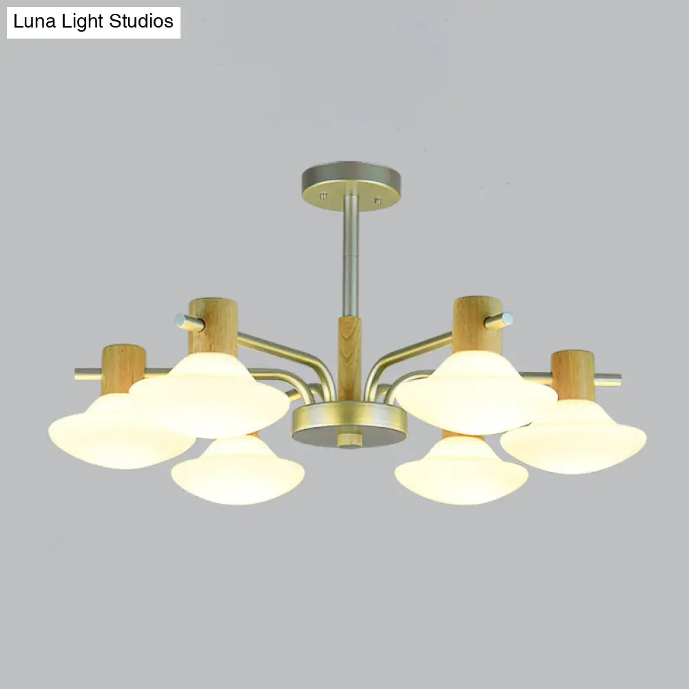 Modern Mushroom Semi Flush Ceiling Lamp With Opal Frosted Glass Wood Finish - 5/6 Head For Bedroom