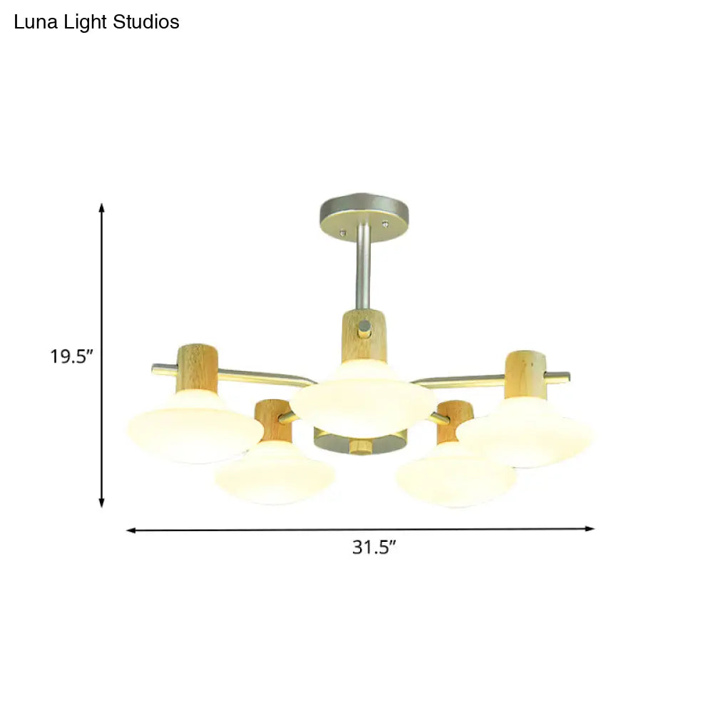 Modern Mushroom Semi Flush Ceiling Lamp With Opal Frosted Glass Wood Finish - 5/6 Head For Bedroom