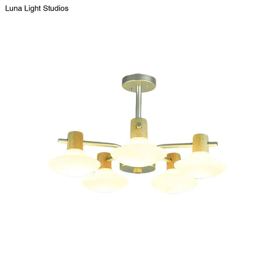 Modern Mushroom Semi Flush Ceiling Lamp With Opal Frosted Glass Wood Finish - 5/6 Head For Bedroom