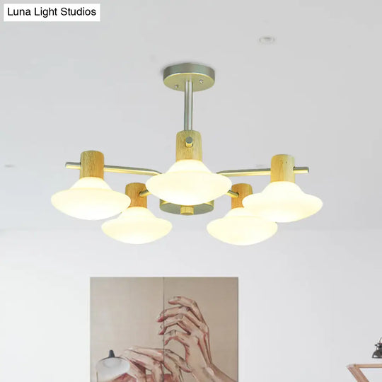 Modern Mushroom Semi Flush Ceiling Lamp With Opal Frosted Glass Wood Finish - 5/6 Head For Bedroom 5