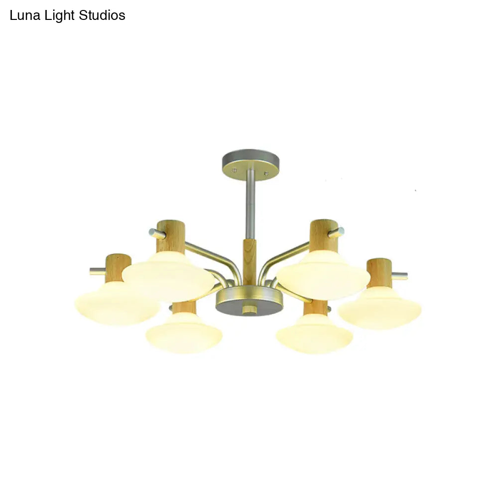 Modern Mushroom Semi Flush Ceiling Lamp With Opal Frosted Glass Wood Finish - 5/6 Head For Bedroom