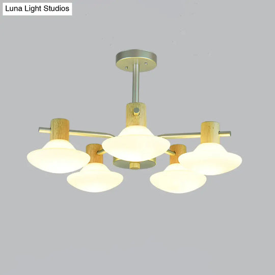 Modern Mushroom Semi Flush Ceiling Lamp With Opal Frosted Glass Wood Finish - 5/6 Head For Bedroom