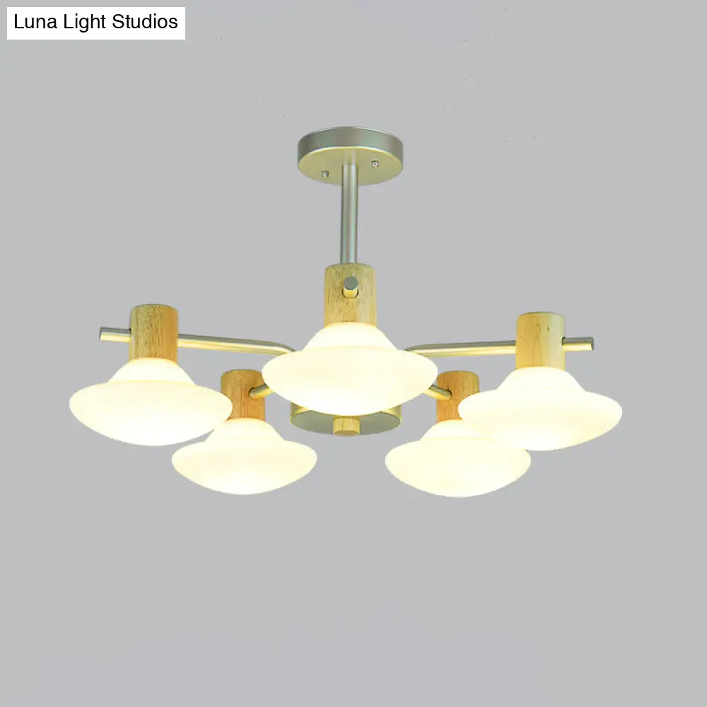 Modern Mushroom Semi Flush Ceiling Lamp With Opal Frosted Glass Wood Finish - 5/6 Head For Bedroom