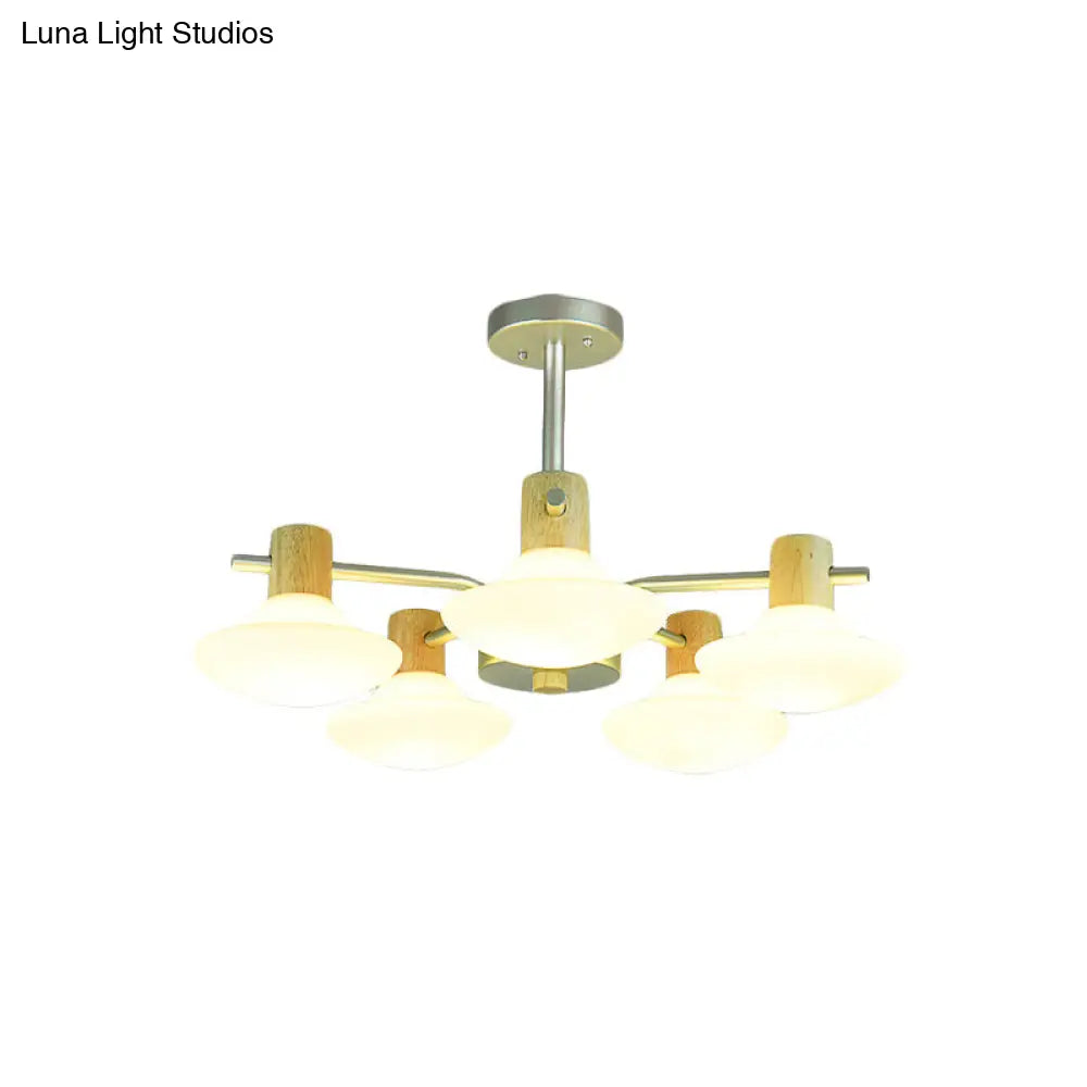 Modern Mushroom Semi Flush Ceiling Lamp With Opal Frosted Glass Wood Finish - 5/6 Head For Bedroom