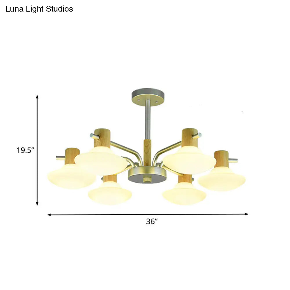 Modern Mushroom Semi Flush Ceiling Lamp With Opal Frosted Glass Wood Finish - 5/6 Head For Bedroom