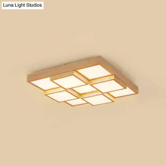 Modern Natural Wood Led Ceiling Lamp - Square Flush Shape With 4/6/9-Light Options In