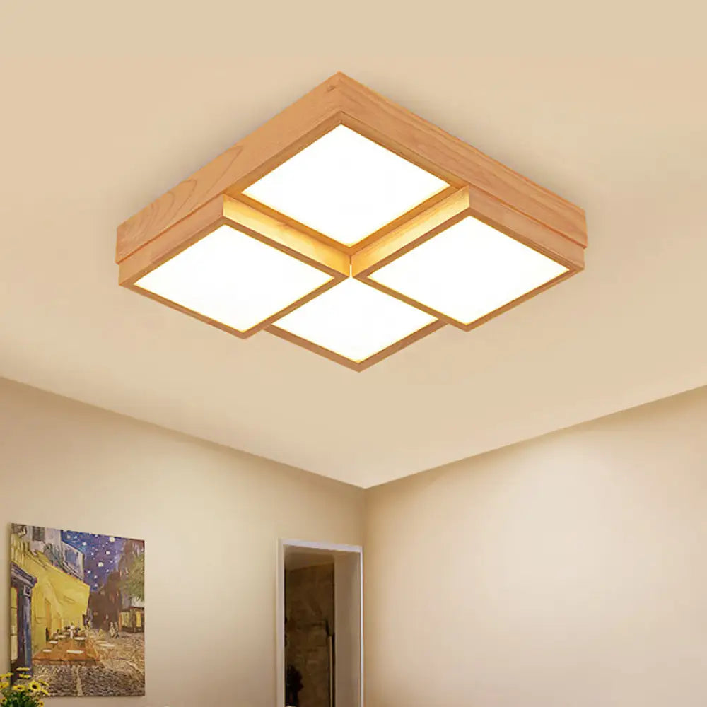 Modern Natural Wood Led Ceiling Lamp - Square Flush Shape With 4/6/9-Light Options In