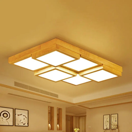 Modern Natural Wood Led Ceiling Lamp - Square Flush Shape With 4/6/9-Light Options In