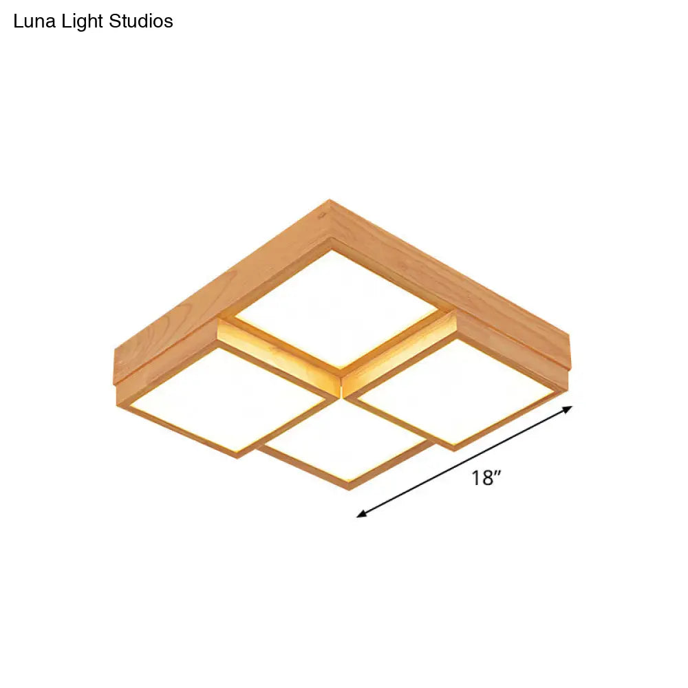 Modern Natural Wood Led Ceiling Lamp - Square Flush Shape With 4/6/9-Light Options In