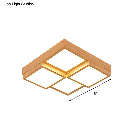 Modern Natural Wood Led Ceiling Lamp - Square Flush Shape With 4/6/9-Light Options In