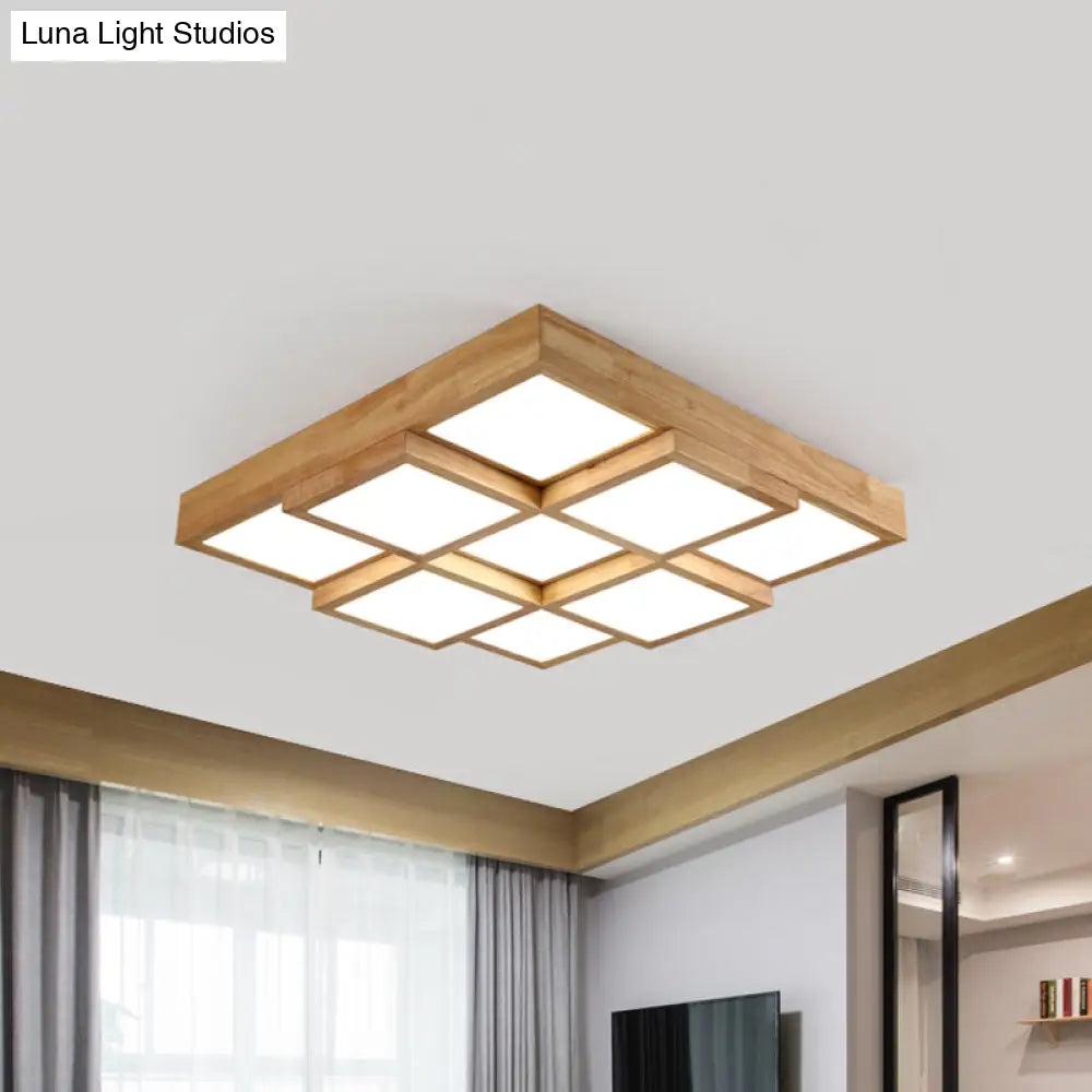 Modern Natural Wood Led Ceiling Lamp - Square Flush Shape With 4/6/9-Light Options In