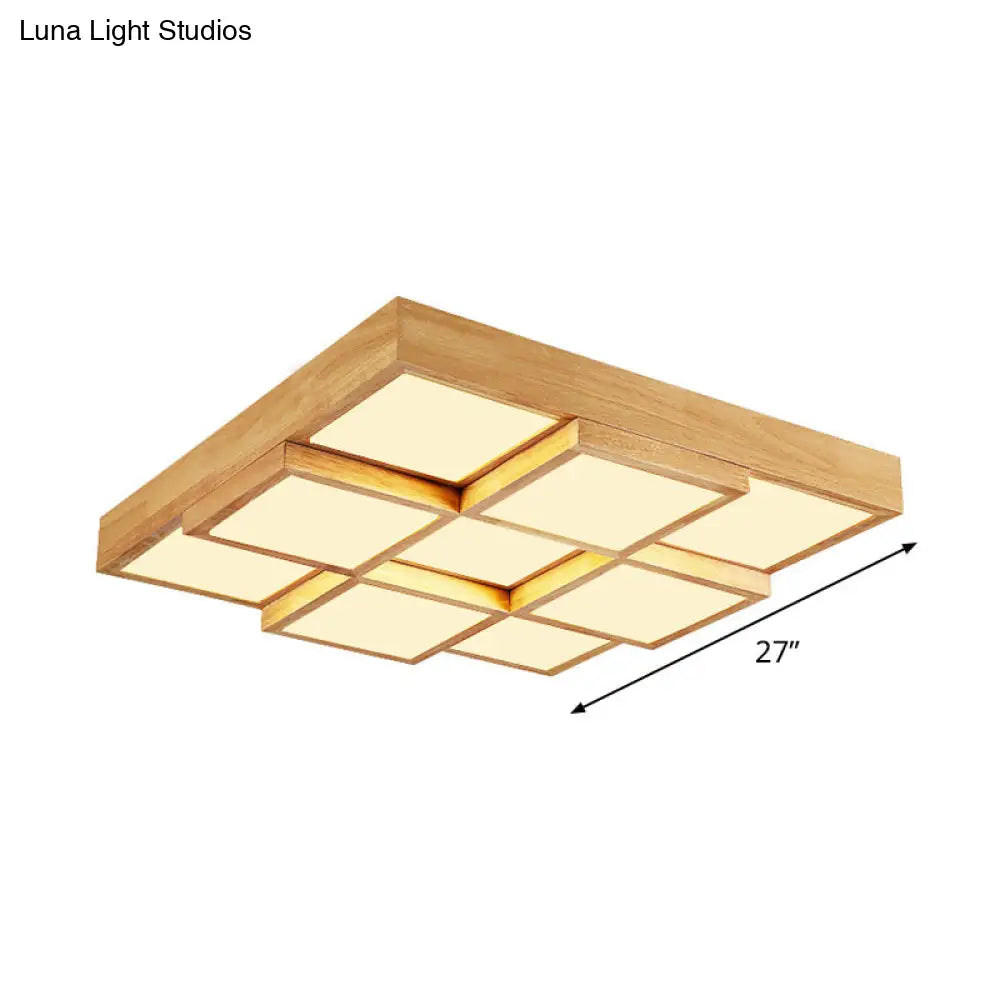 Modern Natural Wood Led Ceiling Lamp - Square Flush Shape With 4/6/9-Light Options In