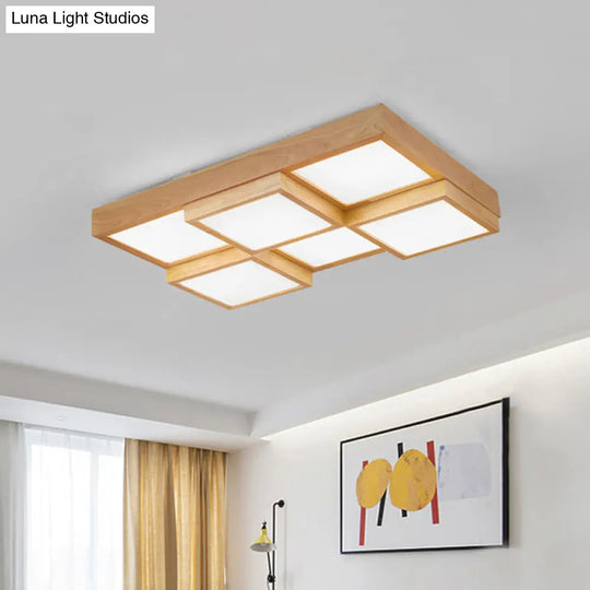 Modern Natural Wood Led Ceiling Lamp - Square Flush Shape With 4/6/9-Light Options In