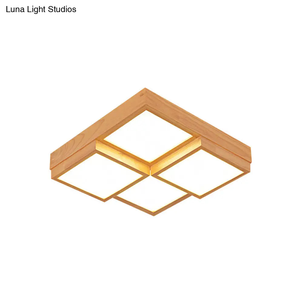 Modern Natural Wood Led Ceiling Lamp - Square Flush Shape With 4/6/9-Light Options In