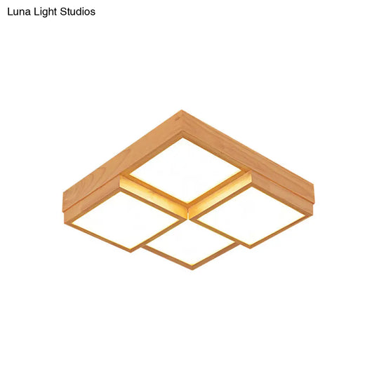 Modern Natural Wood Led Ceiling Lamp - Square Flush Shape With 4/6/9-Light Options In