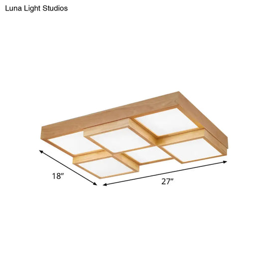 Modern Natural Wood Led Ceiling Lamp - Square Flush Shape With 4/6/9-Light Options In