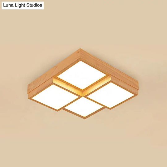 Modern Natural Wood Led Ceiling Lamp - Square Flush Shape With 4/6/9-Light Options In