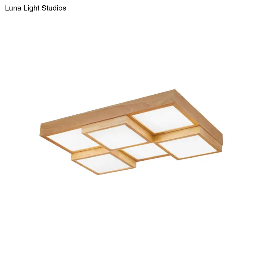 Modern Natural Wood Led Ceiling Lamp - Square Flush Shape With 4/6/9-Light Options In