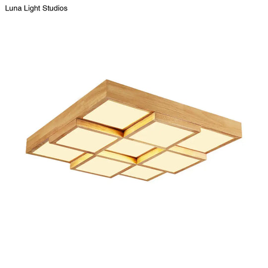 Modern Natural Wood Led Ceiling Lamp - Square Flush Shape With 4/6/9-Light Options In