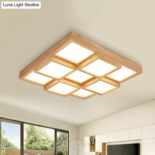 Modern Natural Wood Square Flush Mount Ceiling Light - 4/6/9-Light Led Wooden Fixture In