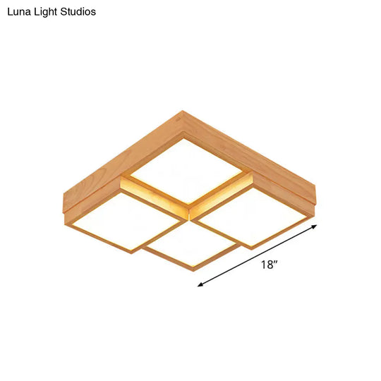 Modern Natural Wood Square Flush Mount Ceiling Light - 4/6/9-Light Led Wooden Fixture In