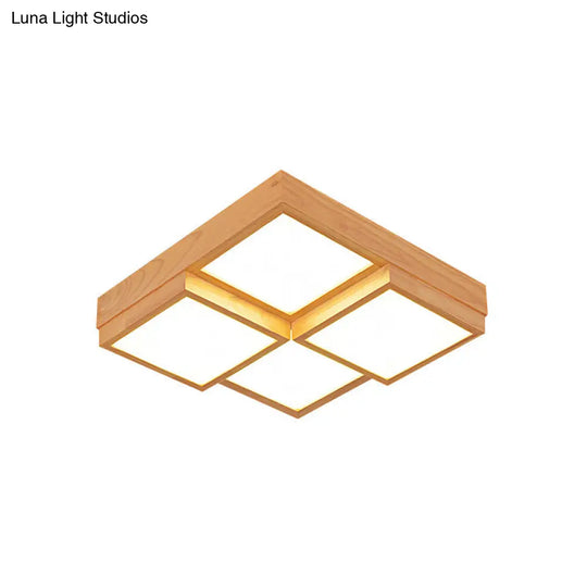 Modern Natural Wood Square Flush Mount Ceiling Light - 4/6/9-Light Led Wooden Fixture In