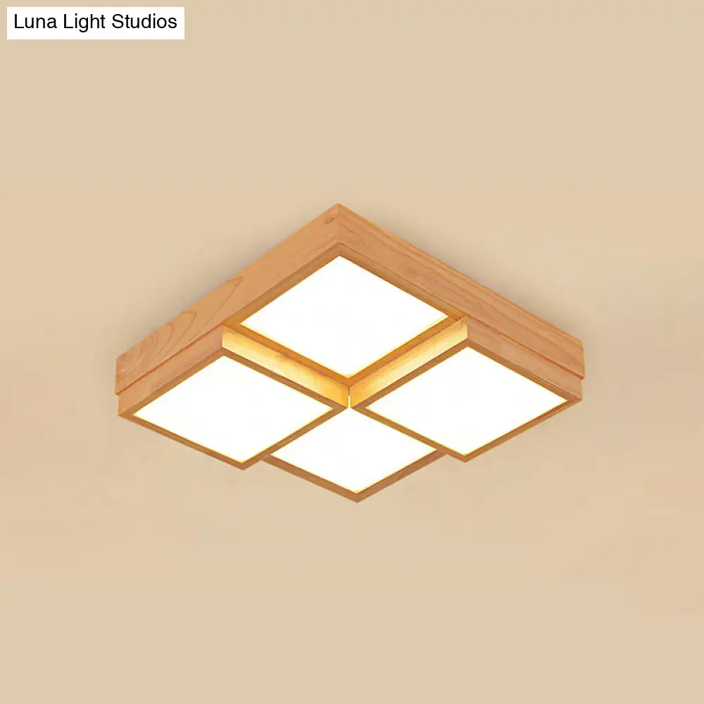 Modern Natural Wood Square Flush Mount Ceiling Light - 4/6/9-Light Led Wooden Fixture In