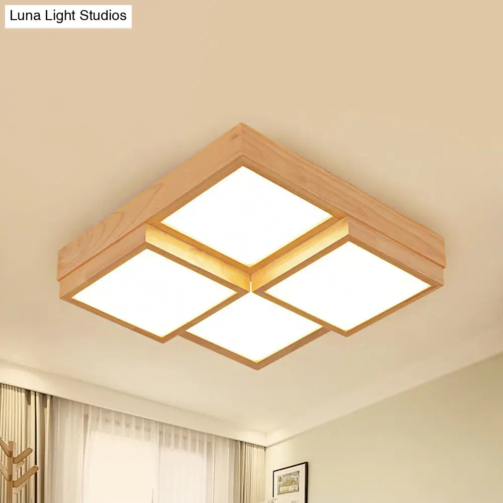 Modern Natural Wood Square Flush Mount Ceiling Light - 4/6/9-Light Led Wooden Fixture In