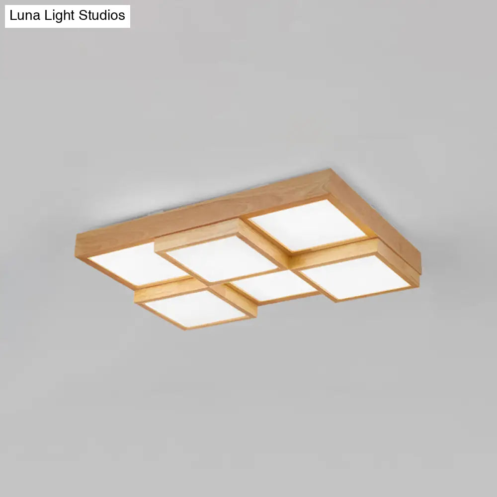 Modern Natural Wood Square Flush Mount Ceiling Light - 4/6/9-Light Led Wooden Fixture In