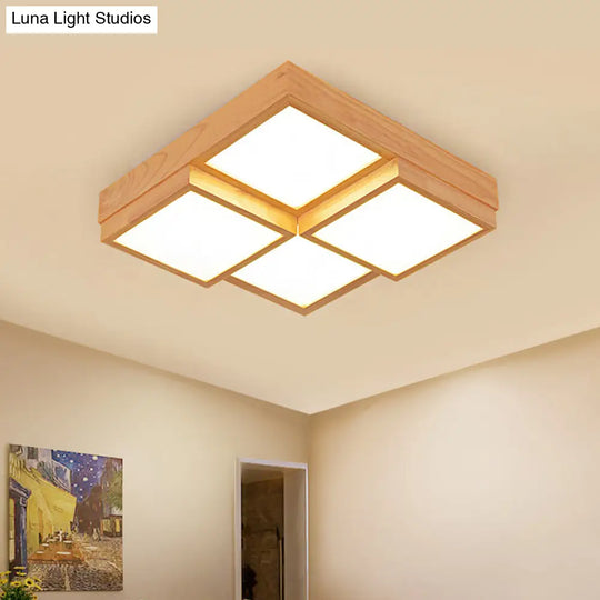 Modern Natural Wood Square Flush Mount Ceiling Light - 4/6/9-Light Led Wooden Fixture In