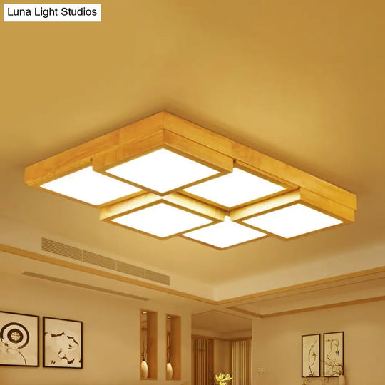 Modern Natural Wood Square Flush Mount Ceiling Light - 4/6/9-Light Led Wooden Fixture In