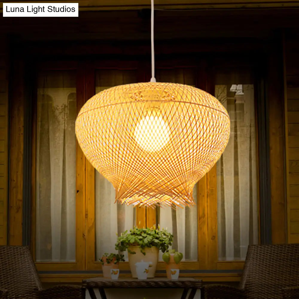 Modern Bamboo Pendant Lighting - Nest Shaped Beige 1 Light Ideal For Dining Rooms