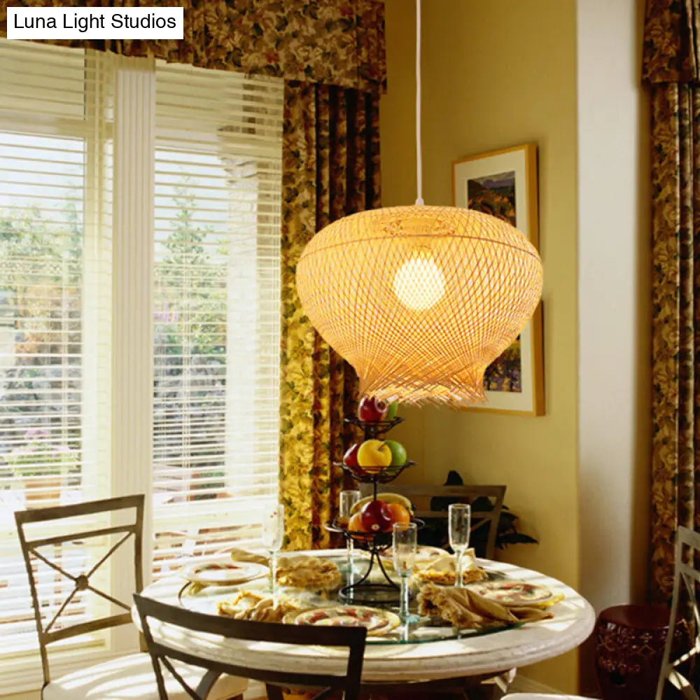 Modern Bamboo Pendant Lighting - Nest Shaped Beige 1 Light Ideal For Dining Rooms