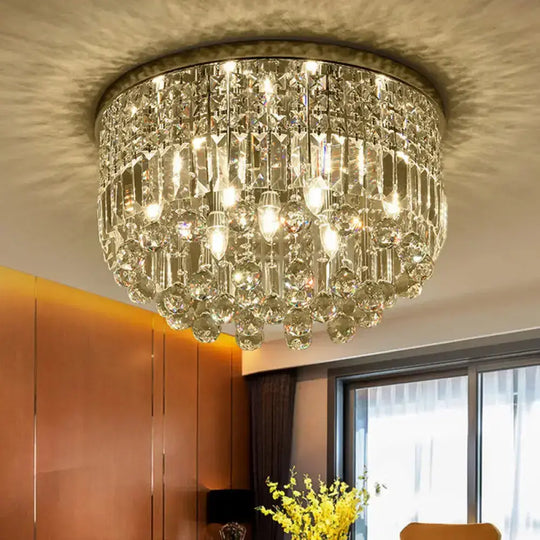 Modern Nickel Flush Mount Ceiling Light With 9-Bulb Crystal Fixture